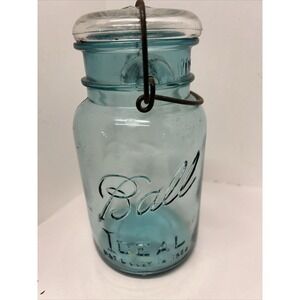 Vintage 1910-1923 Ball Ideal Aqua Jar Embossed Glass #9 Mold Wire Bale Clear Lid